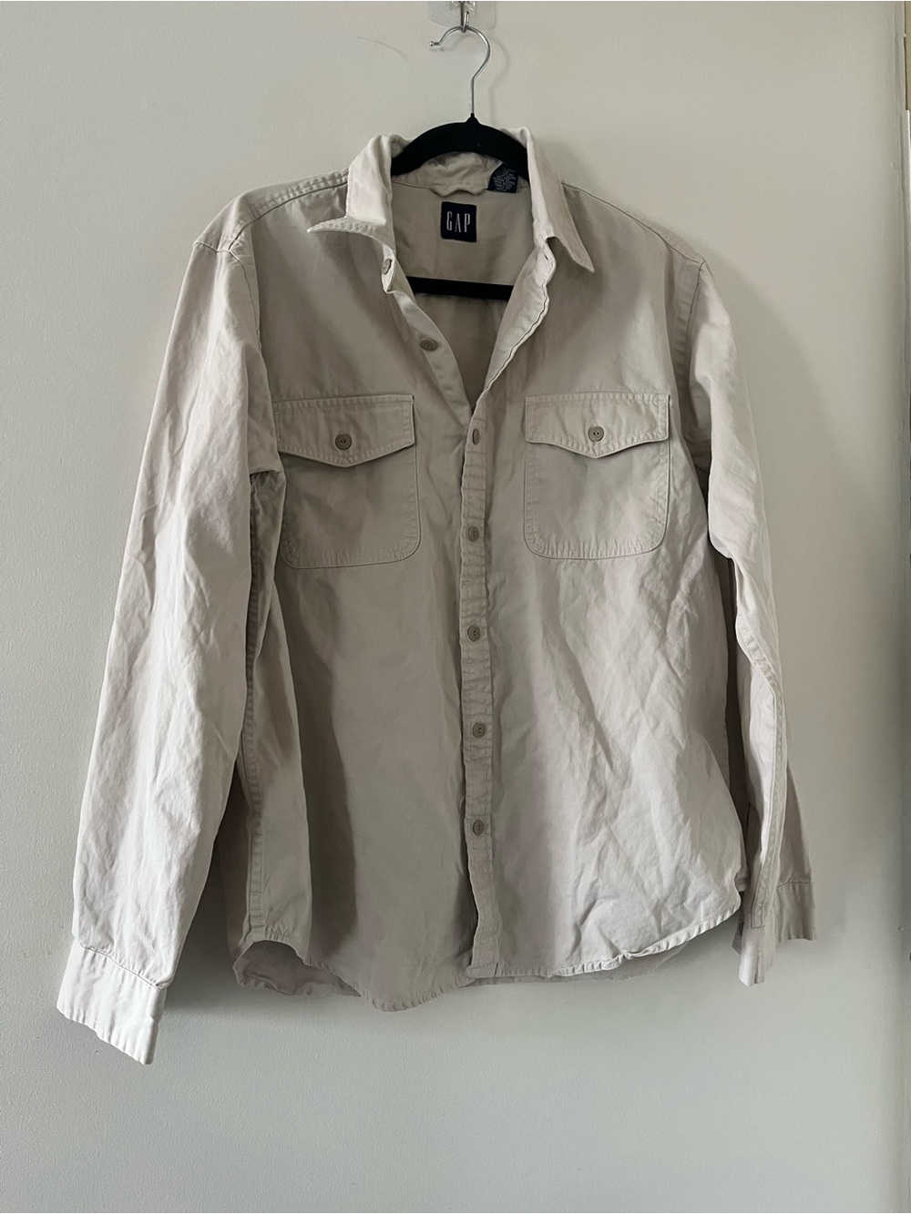 Gap 100% Cotton Oatmeal Beige Button Up Shirt Medium Utility Safari Minimalist